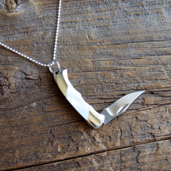 Miniature Pocket Knife Necklace » Sterling Silver Chain » White Mother of Pearl » Tomboy Chic » Pen Knife Necklace