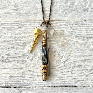 Mini Pocket Knife Necklace » Stiletto Knife » Talisman » Amulet » Bird Skull  » Raw Quartz Point » Good Luck Charm » Olive Wood Knife