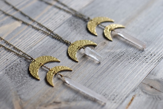 Crescent Moon Quartz Crystal Necklace » Raw Quartz Crystal Points » Quartz Points » Healing Crystals » Boho Double Horn Moon Pendant