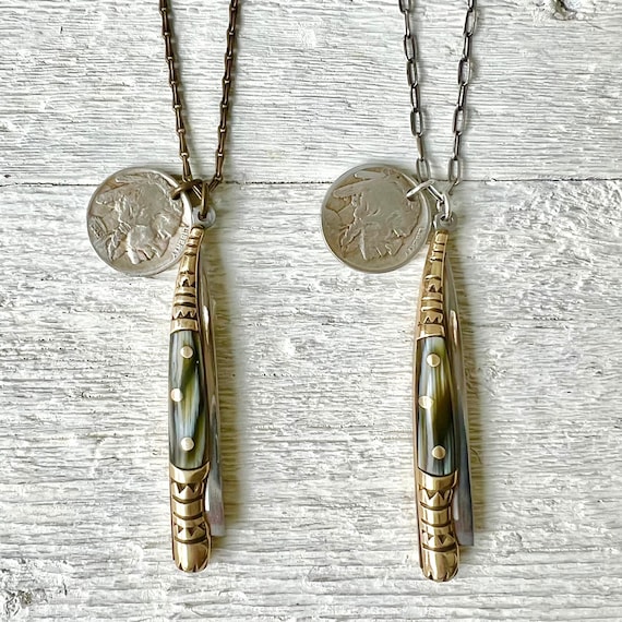 Miniature Pocket Knife Necklace » Mini Pocket Knife » Stiletto Knife » Vintage Coin Necklace » Buffalo Nickel » Good Luck Charm