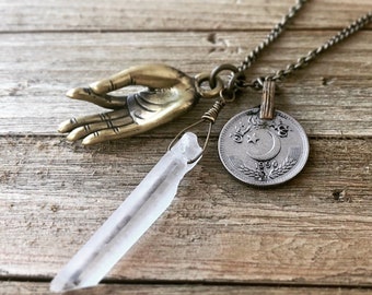 Yoga Necklace » Meditation Jewelry » Gyan Mudra Talisman Amulet Pendant » Raw Quartz Crystal » Vintage World Coin