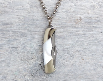 Miniature Pocket Knife Necklace » White Pearl » Antiqued Silver Rolo  Chain » Men's Necklace Necklaces for Men Rock Jewelry Hipster Jewelry