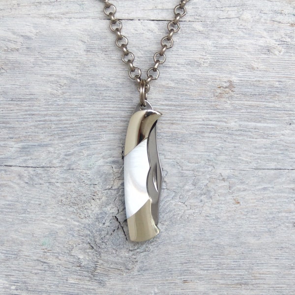 Miniature Pocket Knife Necklace » White Pearl » Antiqued Silver Rolo  Chain » Men's Necklace Necklaces for Men Rock Jewelry Hipster Jewelry