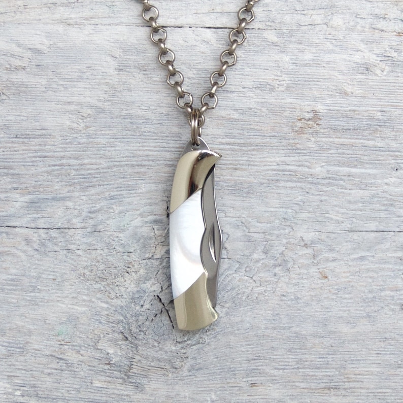 Miniature Pocket Knife Necklace » White Pearl » Antiqued Silver Rolo  Chain » Men's Necklace Necklaces for Men Rock Jewelry Hipster Jewelry 