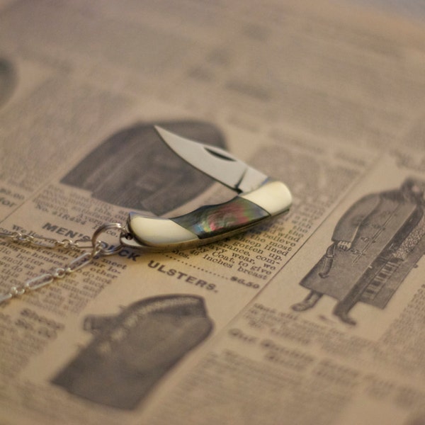 Miniature Pocket Knife Necklace- Sterling Silver & Black Lip Pearl