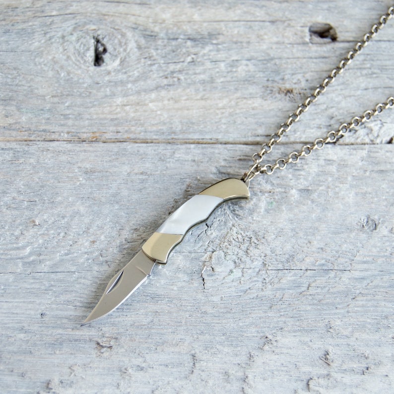 Miniature Pocket Knife Necklace White Pearl Antiqued Etsy