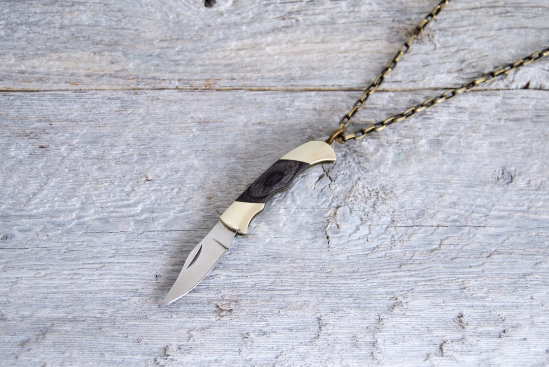 Mini Pocket Knife Necklace Wood Handle Pocket Knife Men's Necklace Man