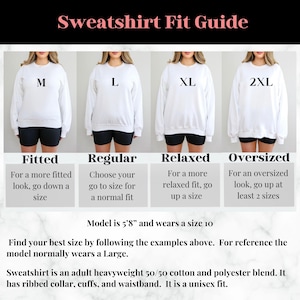 May include: A sweatshirt fit guide featuring four images of a person wearing white sweatshirts in sizes M, L, XL, and 2XL with black shorts. Text includes Sweatshirt Fit Guide, Fitted, Regular, Relaxed, Oversized, and model details at 5'8" height.