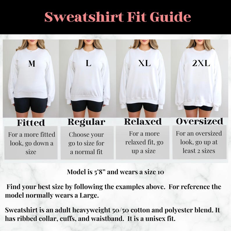 May include: A sweatshirt fit guide featuring four images of a person wearing white sweatshirts in sizes M, L, XL, and 2XL with black shorts. Text includes Sweatshirt Fit Guide, Fitted, Regular, Relaxed, Oversized, and model details at 5'8" height.