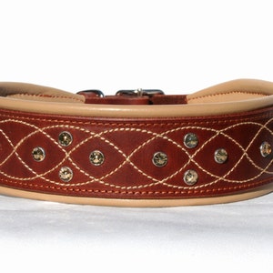 Leather dog collar, decorated with beautiful stitching and rhinestones