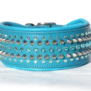 Leather dog collar, decorated with cone studs and beautiful rhinestones