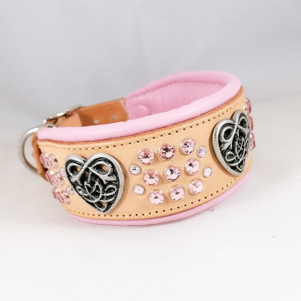 Leather dog collar, decorated with celtic hearts and rhinestones