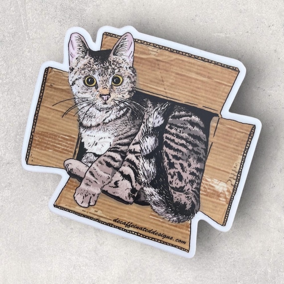 A must have for the cat enthusiast! The stickers not only waterproof but have a UV laminate that protects it from fading outdoors. oh, and did we mention it was dishwasher safe! 4x4 inch vinyl sticker.