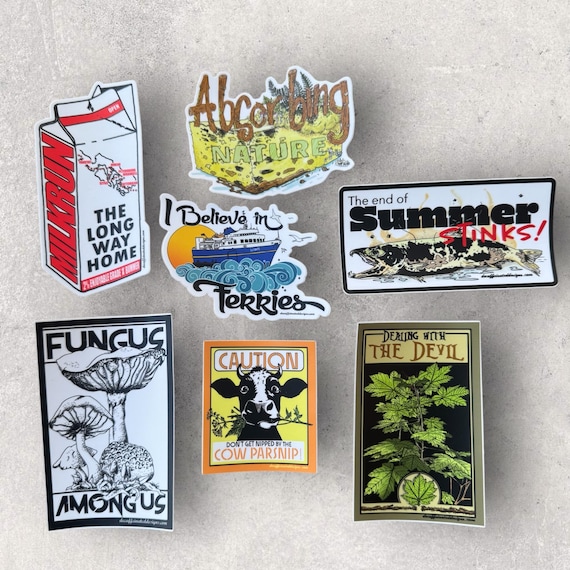 Southeast Alaska Vibes: Must-Have Stickers!
Add a touch of Southeast Alaska to your collection with these local-themed stickers:
1. Milkrun - Homage to traveling patrons of air travel along the panhandle of Alaska.
2. I believe in Ferries - A nod to the needs and thankful services these ferries provide in southeast Alaska.
3. Don’t get nipped by the cow parsnip - For the Trailblazers of Southeast Alaska.
4. End of Summer stinks - the smell of spawned out salmon at the end of August in Southeast Alaska
5. fungus among us - Southeast being the temperate Rainforest it is it’s a perfect breeding ground for fungus.
6. absorbing nature - enjoying Southeast Alaska you have to be OK with being wet!
7. Dealing with the devil - a constant obstacle in southeast Alaska, avoiding the painful spikes this local Fana thrives in.
Great for water bottles, notebooks, or sending Southeast Alaska vibes wherever you go!