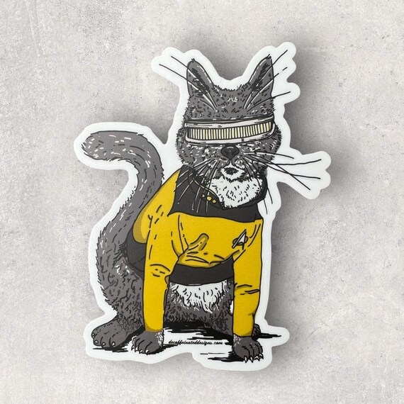 Meet Purrdi La Forge , the most purr-sistent engineer on the Starship Enterprise. Known for his impeccable fur and even sharper claws, Purrdi is a natural at handling “pawsitive” energy and chasing down issues in the warp core. This quality sticker is not only durable but waterproof as well. Sizing at 4x4 inch