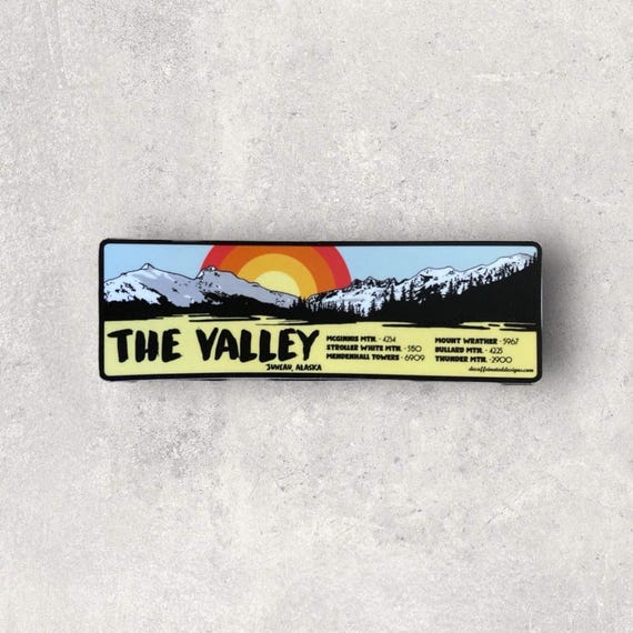 There are so many beautiful places here in Juneau Alaska locals have to clarify where they are talking about. “The Valley” is located in the heart of the Mendenhall valley where we have several iconic mountains towering above the Mendenhall Glacier. Some climbable others... not so much. This vinyl sticker will hold up to just about anything you throw at it, scratch resistant waterproof and dishwasher safe. A perfect addition to your water bottle.
