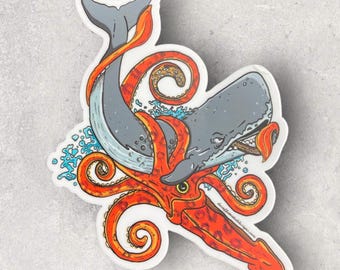 Whale Vs. Squid - by Decaffeinated Designs (4x4) Waterproof, weatherproof and durable vinyl sticker