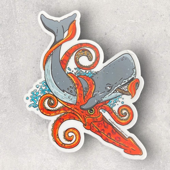 Who will will win in this fight? Whale vs. Squid you decide. Waterproof, weatherproof and durable vinyl sticker. Size: 4 x 4 inches.