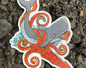 Whale Vs. Squid - by Decaffeinated Designs (4x4) Waterproof, weatherproof and durable vinyl sticker