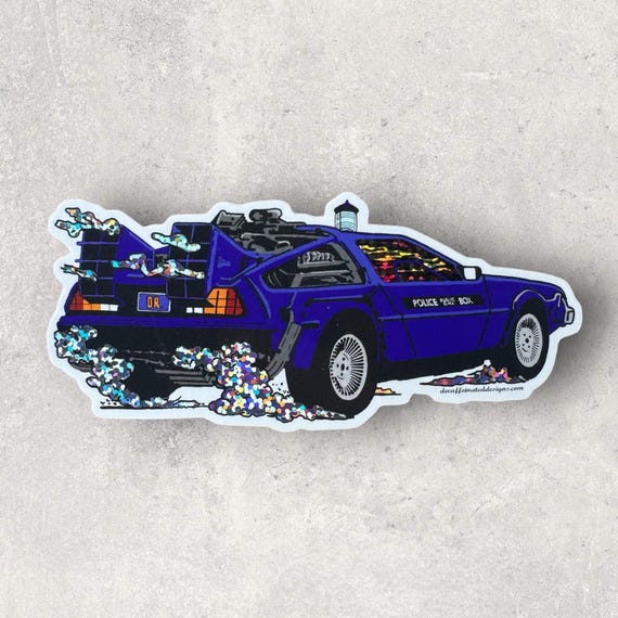 What would it look like if these two time traveling Doctors teamed up? Police box... DeLorean? This fantastic glitter sticker takes a little of both.