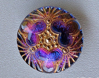 CZECH GLASS BUTTON: 36mm Handpainted Trefoil Medallion Czech Glass Button, Pendant, Cabochon (1)