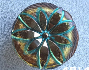CZECH GLASS BUTTON: 36mm Lotus Flower Handpainted Czech Button, Pendant, Cabochon (1)