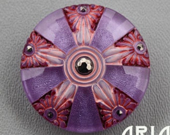 CZECH GLASS BUTTON: 36mm Pinwheel Floral Deco Medallion Handpainted Czech Glass Button, Pendant, Cabochon (1)