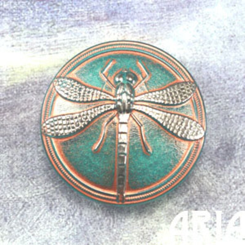 Pendant CZECH GLASS BUTTON: 41mm Dragonfly Handpainted Czech Glass Button Cabochon 1