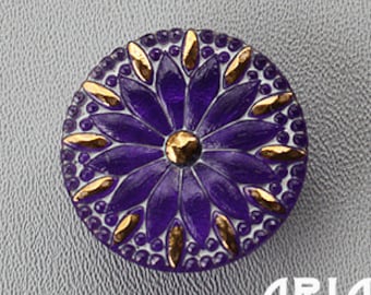 CZECH GLASS BUTTON: 31mm Handpainted Radiating Flower Czech Glass Button, Pendant, Cabochon (1)