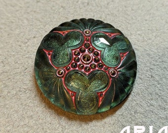 CZECH GLASS BUTTON: 36mm Handpainted Trefoil Medallion Czech Glass Button, Pendant, Cabochon (1)