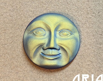 CZECH GLASS BUTTON: 31mm Handpainted Czech Glass Large Moon Face Button, Pendant, Cabochon (1)