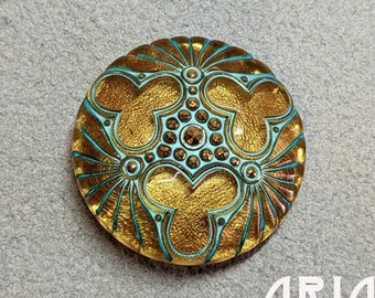 CZECH GLASS BUTTON: 36mm Handpainted Trefoil Medallion Czech Glass Button, Pendant, Cabochon (1)