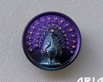 CZECH GLASS BUTTON: 33mm Ornate Peacock Handpainted Czech Glass Button, Pendant, Cabochon (1)