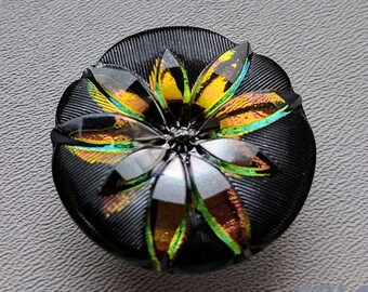 CZECH GLASS BUTTON: 36mm Lotus Flower Handpainted Czech Button, Pendant, Cabochon (1)