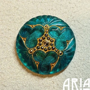 BOTON DE VIDRIO CZECH: 36mm pintado a mano Trefoil Medallion Botón de cristal checo, colgante, cabujón (1)