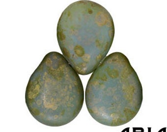 MILKY LIGHT PERIDOT Copper Picasso: 12x16mm Pear Drop Czech Glass Beads (6 drops)