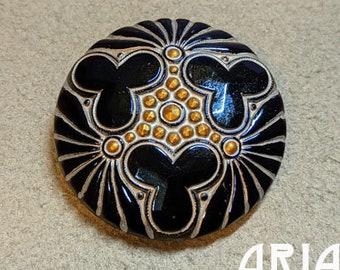 CZECH GLASS BUTTON: 36mm Handpainted Trefoil Medallion Czech Glass Button, Pendant, Cabochon (1)