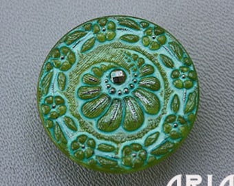 CZECH GLASS BUTTON: 31mm Floral Crescent Handpainted Czech Glass Button, Pendant, Cabochon (1)