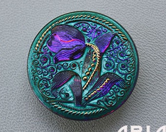CZECH GLASS BUTTON: 31mm Handpainted Tulip Czech Glass Button, Pendant, Cabochon (1)