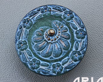 CZECH GLASS BUTTON: 31mm Floral Crescent Handpainted Czech Glass Button, Pendant, Cabochon (1)