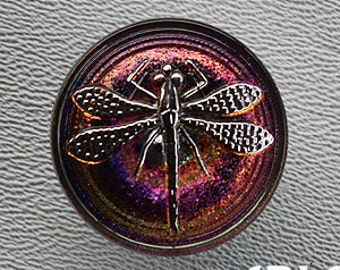 CZECH GLASS BUTTON: 22mm Handpainted Dragonfly Czech Glass Button, Pendant, Cabochon (1)