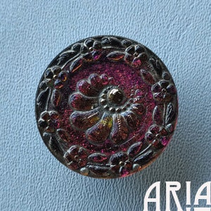 CZECH GLASS BUTTON: 31mm Floral Crescent Handpainted Czech Glass Button, Pendant, Cabochon 1 image 1