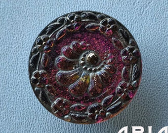 CZECH GLASS BUTTON: 31mm Floral Crescent Handpainted Czech Glass Button, Pendant, Cabochon (1)