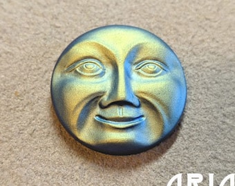 CZECH GLASS BUTTON: 31mm Handpainted Czech Glass Large Moon Face Button, Pendant, Cabochon (1)