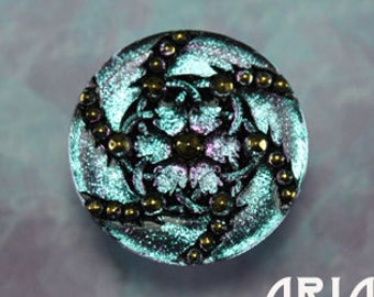 CZECH GLASS BUTTON: 31mm Handpainted Flower Swirl Czech Glass Button, Pendant, Cabochon (1)