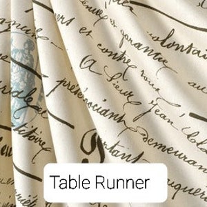 May include: A beige table runner with a black and white script pattern. The text includes the words "guarantee", "contract", "Sieur Jean Claude", "Semeuranh", and "Litovre".