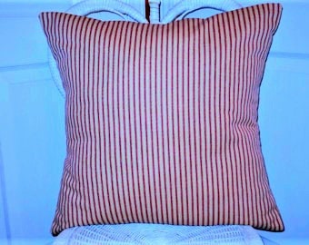 Red Ticking Stripe Pillow Cover, Red French Ticking Pillow, Decorative Pillow Cover, Country French Home, Shabby Farmhouse Cottage