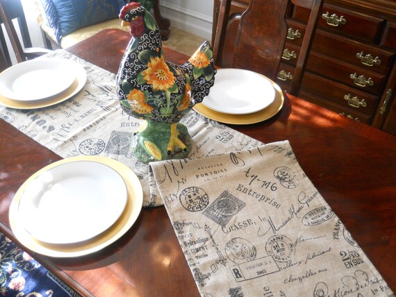 Script Table Runner Paris Market French Stamp Table Cloth Etsy