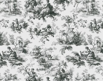Möbeltyg, draperityg, gråsvart fransk toile-tyg, franskt lantställe, lantligt bondgårdstyg, shabby franskt stugtyg