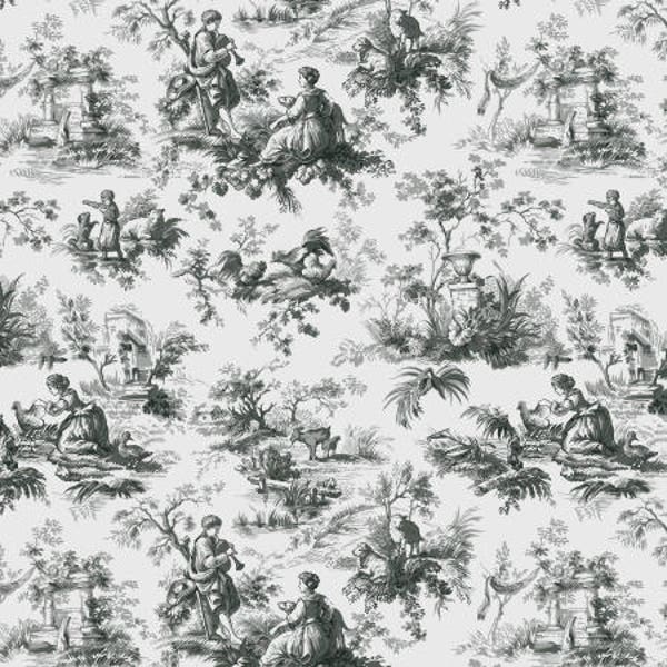 Upholstery Fabric, Drapery Fabric, Gray-Black French Toile Fabric, French Country Home, Country Farmhouse, Shabby French Cottage Fabric